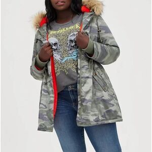 Torrid 1X Camo Twill Faux Fur Trim Parka Hooded Winter Coat